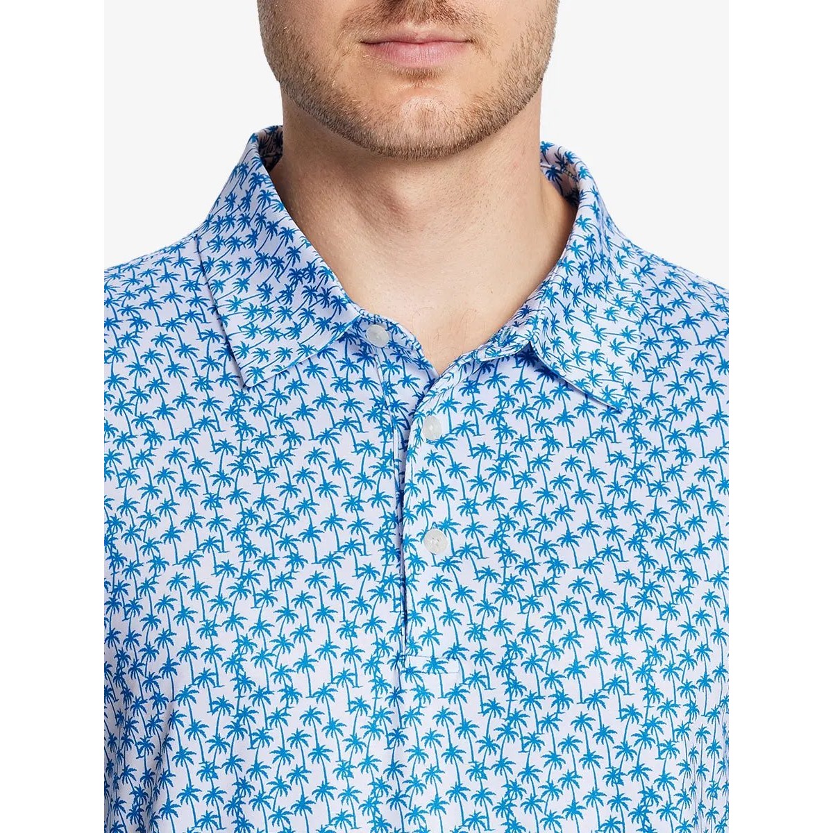 Maelreg Mens Performance Polo Shirt L Blue White Palm Tree Golf Short Sleeve